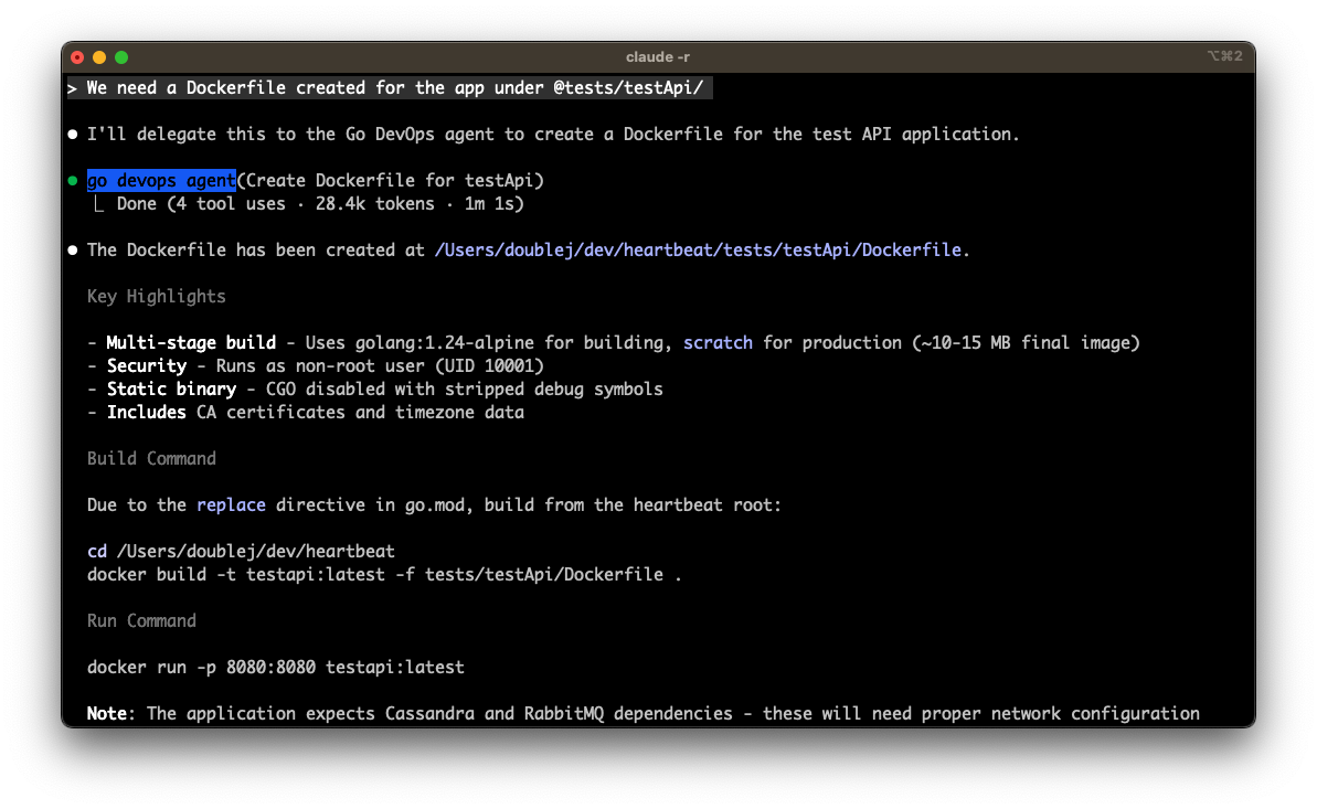 Claude delegating to Golang DevOps Agent