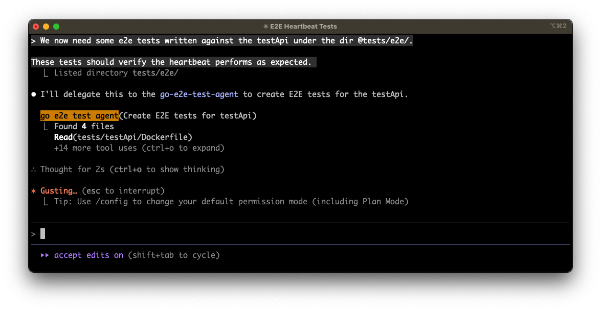 Claude delegating to Golang e2e test agent